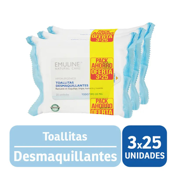 Toallitas Desmaquillante Emuline 25 Un C/u Pack De 3 Bolsas