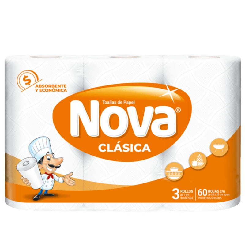 Toalla De Papel Nova Clásica Doble Hoja 3 Rollos