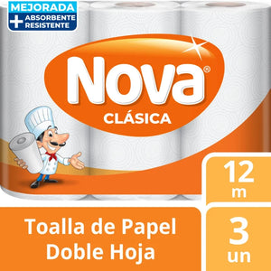Toalla De Papel Nova Clásica Doble Hoja 3 Rollos