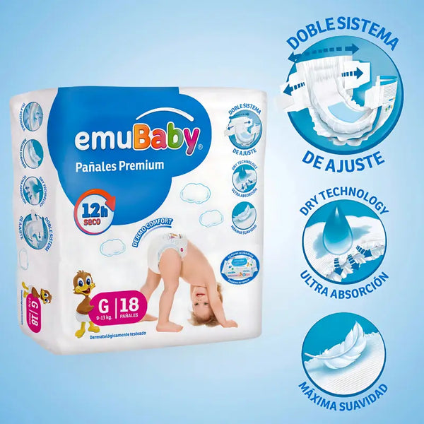 Pañales Emubaby Premium Talla G 18 unidades